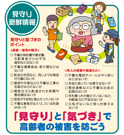 イラスト：「見守り」と「気づき」で高齢者の被害を防ごう