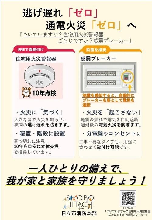 逃げ遅れゼロ、通電火災ゼロへ ついていますか?住宅用火災警報器 ご存じですか?感震ブレーカー