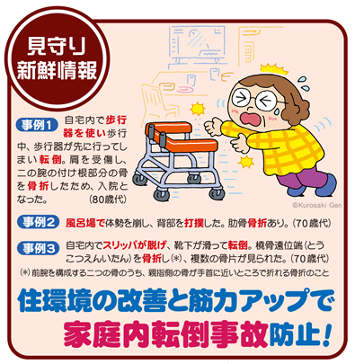 イラスト：住環境の改善と筋力アップで家庭内転倒事故防止！