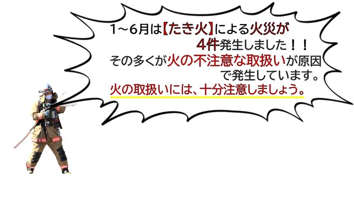 1～6月はたき火による火災が4件発生しました。その多くが火の不注意な取扱いが原因となっています。火の取扱いは十分に注意してください。